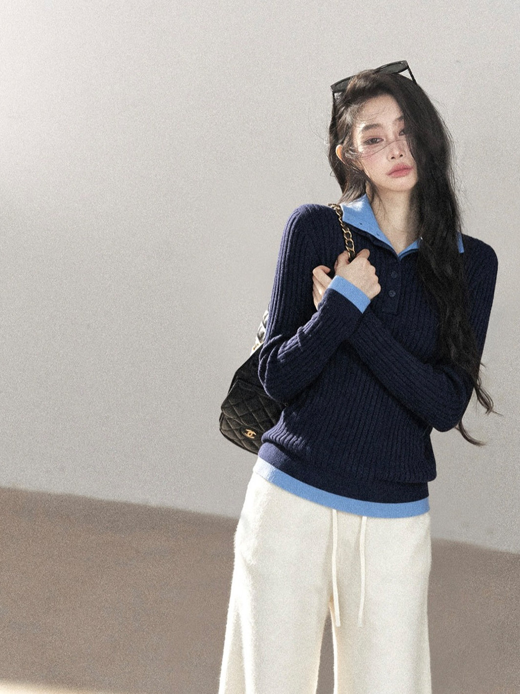 AOMALM - "Autumn in Every Stitch" Blue Contrast-Collar Knit Top