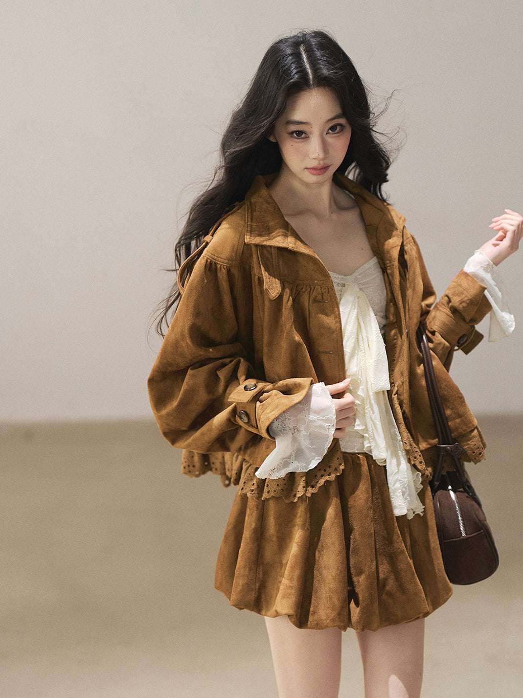AOMALM - "Wind Through the Valley" Toasted Pecan Brown Faux Suede Jacket & Mini Skirt Set