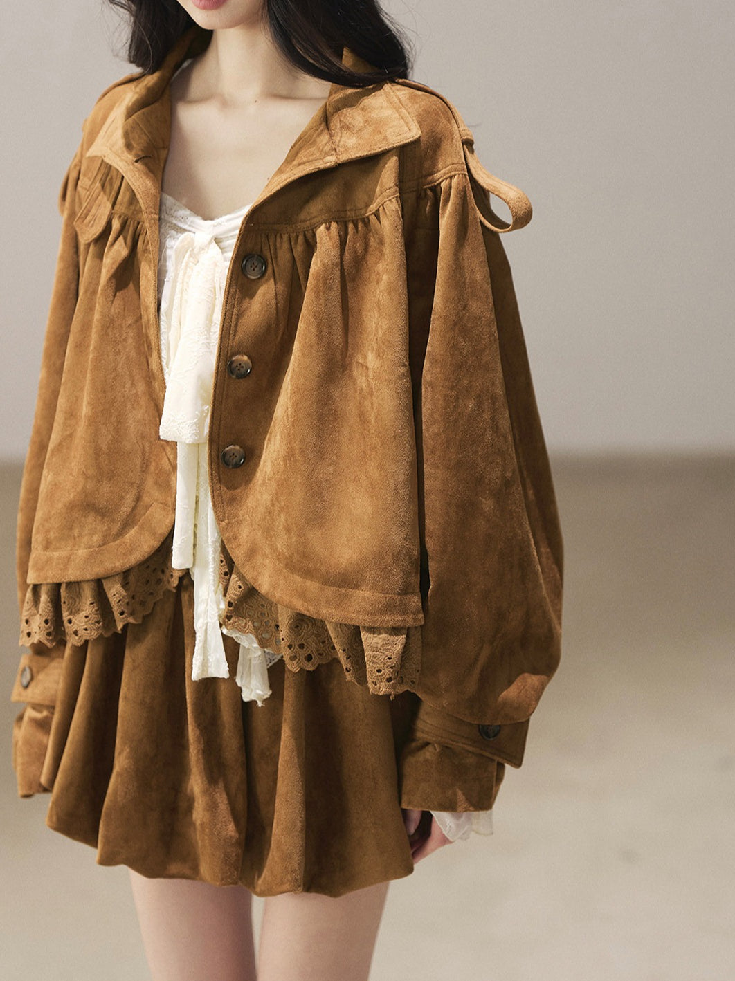 AOMALM - "Wind Through the Valley" Toasted Pecan Brown Faux Suede Jacket & Mini Skirt Set