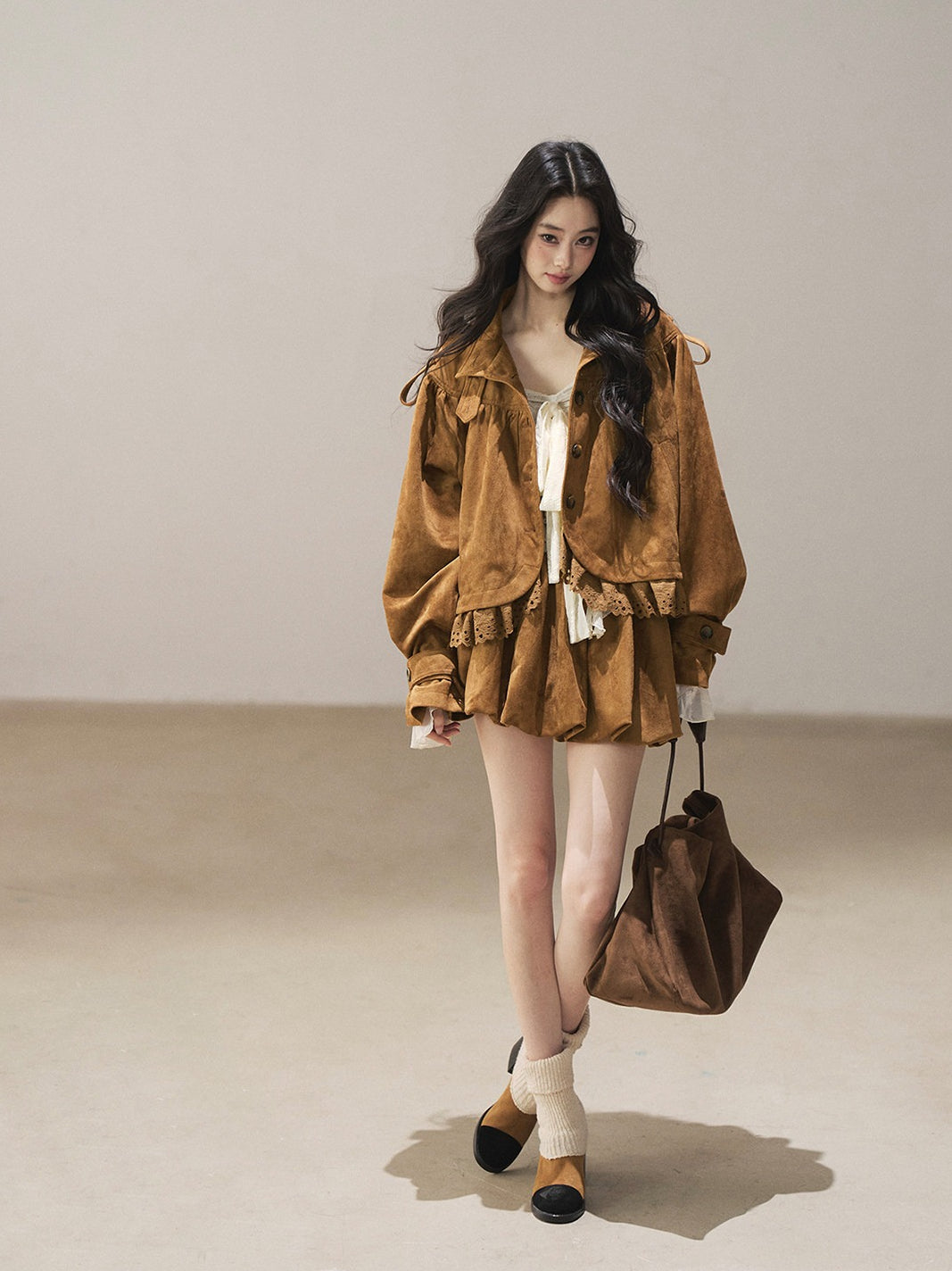 AOMALM - "Wind Through the Valley" Toasted Pecan Brown Faux Suede Jacket & Mini Skirt Set
