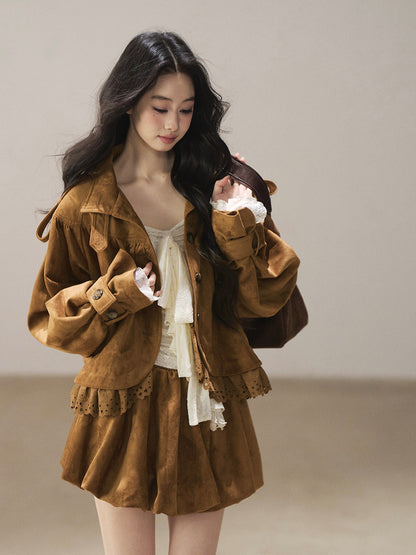 AOMALM - "Wind Through the Valley" Toasted Pecan Brown Faux Suede Jacket & Mini Skirt Set