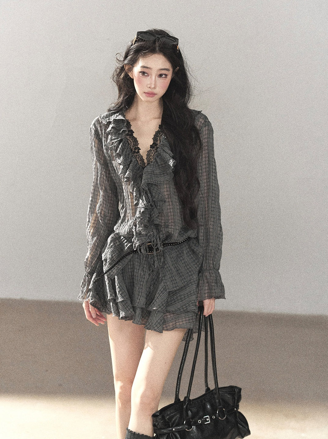 AOMALM - "Gray Check & Wild Wind" Ruffle Top & Mini Skirt Set (With Belt)