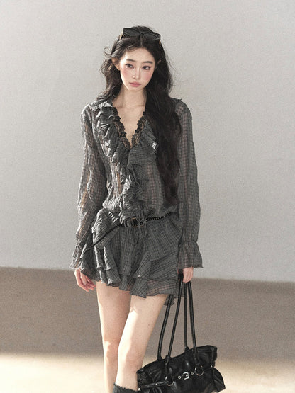 AOMALM - "Gray Check & Wild Wind" Ruffle Top & Mini Skirt Set (With Belt)