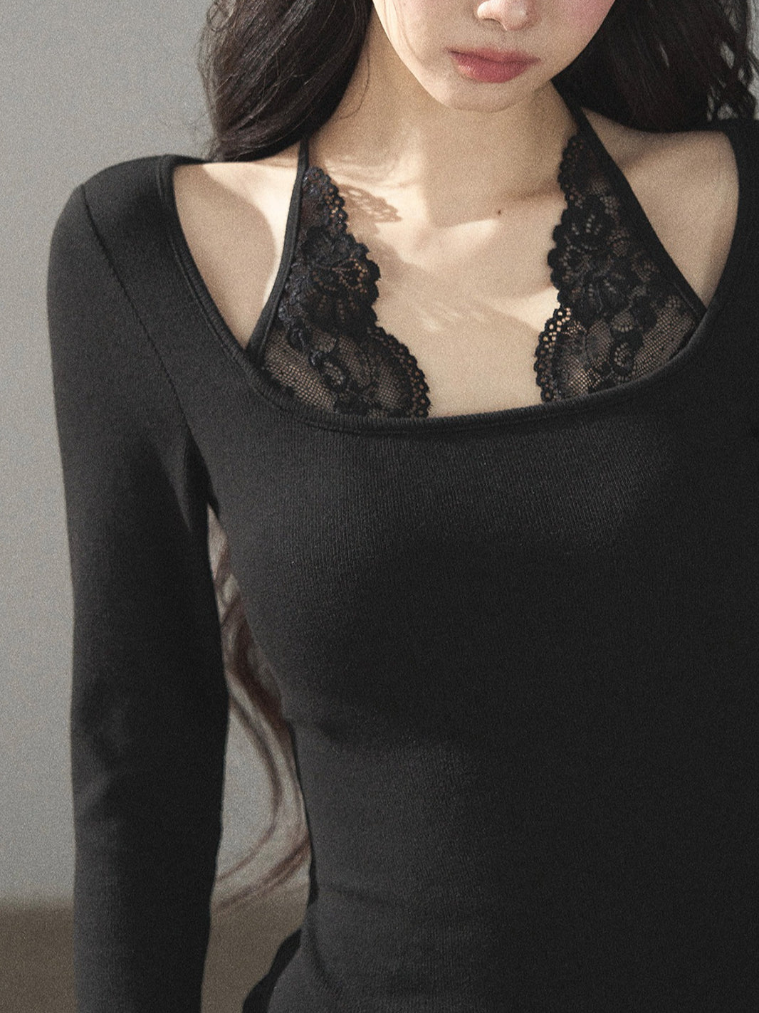 AOMALM - "Flowers at Dusk" Black Faux-Layer Lace Halter Knit Top