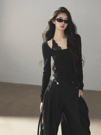 AOMALM - "Flowers at Dusk" Black Faux-Layer Lace Halter Knit Top