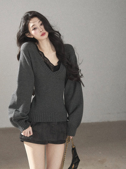 AOMALM - "Flowing River" Charcoal Gray V-Neck Ribbed Knit Sweater