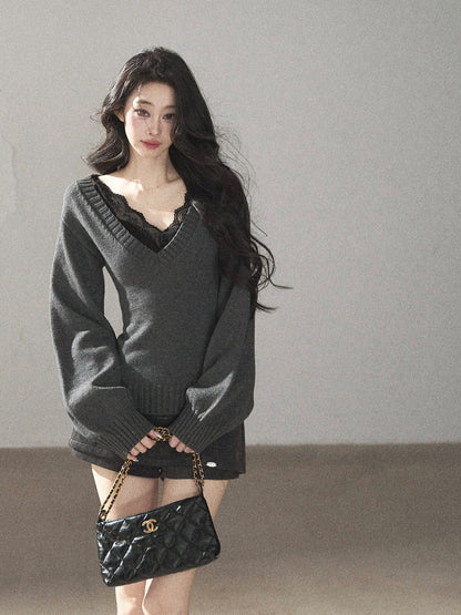 AOMALM - "Flowing River" Charcoal Gray V-Neck Ribbed Knit Sweater