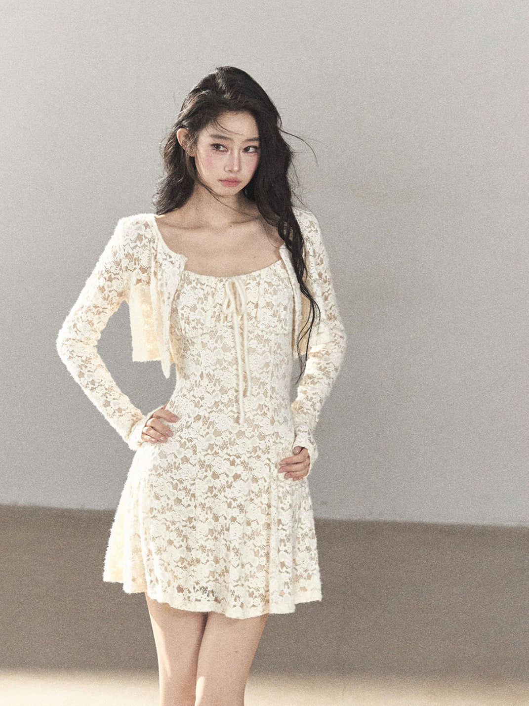 AOMALM - "Moonlight on the Floor" Dutch Cream Lace Cami Dress & Cardigan Set