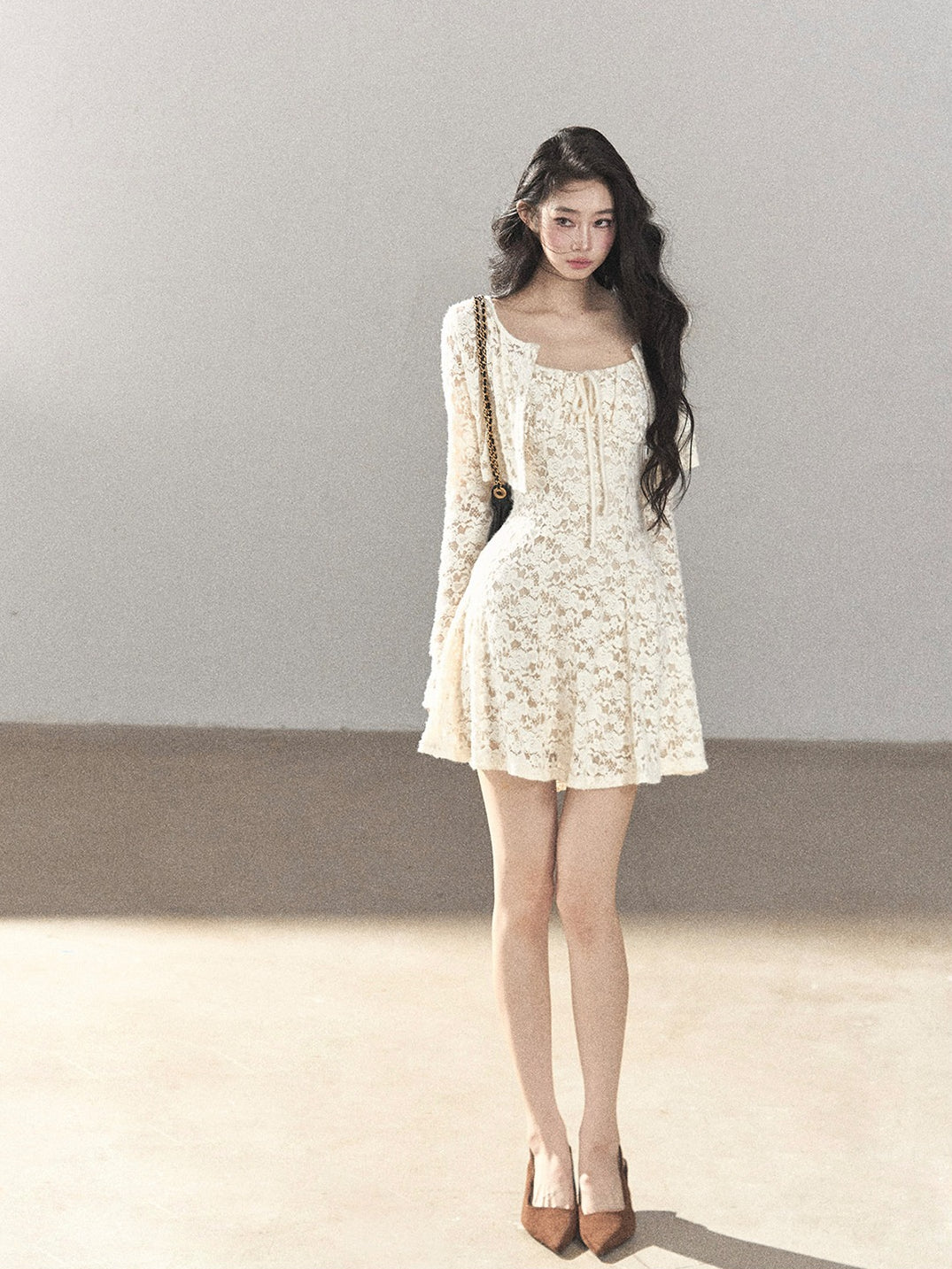 AOMALM - "Moonlight on the Floor" Dutch Cream Lace Cami Dress & Cardigan Set