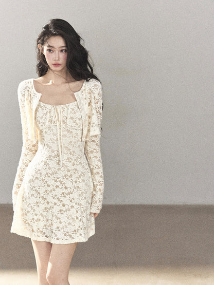 AOMALM - "Moonlight on the Floor" Dutch Cream Lace Cami Dress & Cardigan Set