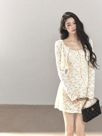 AOMALM - "Moonlight on the Floor" Dutch Cream Lace Cami Dress & Cardigan Set