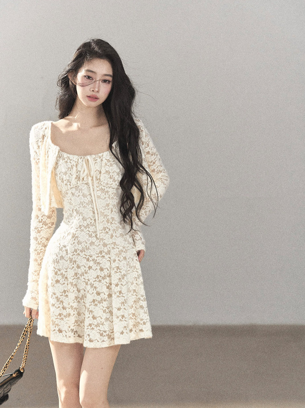 AOMALM - "Moonlight on the Floor" Dutch Cream Lace Cami Dress & Cardigan Set