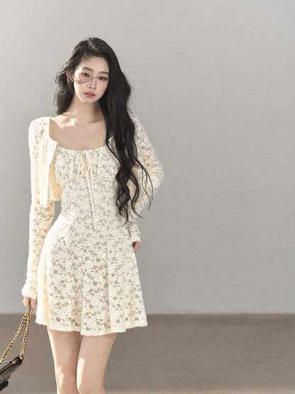 AOMALM - "Moonlight on the Floor" Dutch Cream Lace Cami Dress & Cardigan Set