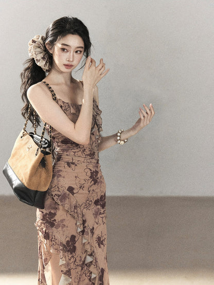 AOMALM - "Wildflower Date" Milk Tea Brown Ruffle Floral Maxi Dress (With Matching Hair Tie)