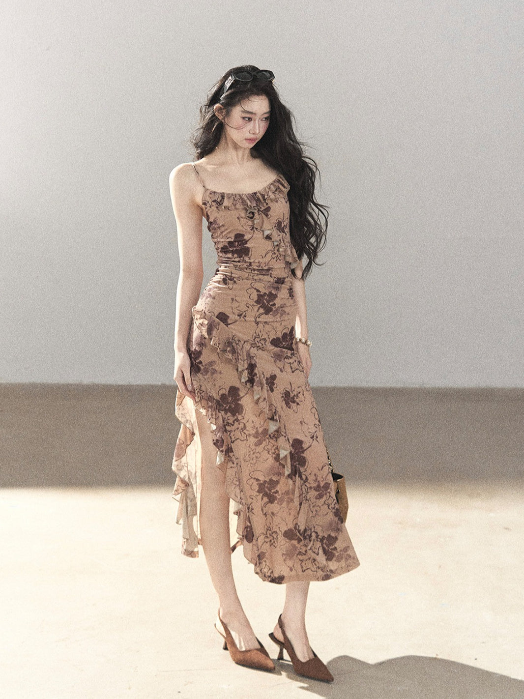AOMALM - "Wildflower Date" Milk Tea Brown Ruffle Floral Maxi Dress (With Matching Hair Tie)