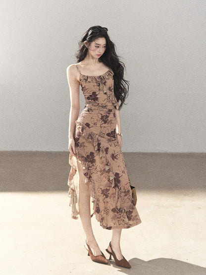 AOMALM - "Wildflower Date" Milk Tea Brown Ruffle Floral Maxi Dress (With Matching Hair Tie)