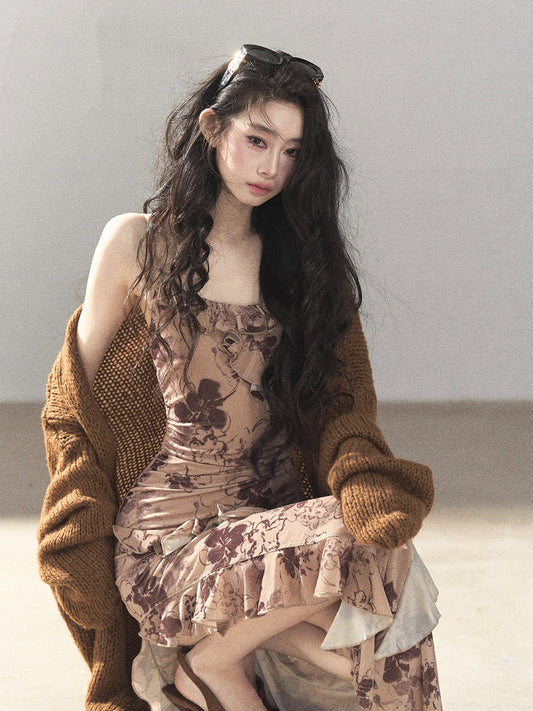 AOMALM - "Wildflower Date" Milk Tea Brown Ruffle Floral Maxi Dress (With Matching Hair Tie)