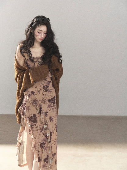 AOMALM - "Wildflower Date" Milk Tea Brown Ruffle Floral Maxi Dress (With Matching Hair Tie)
