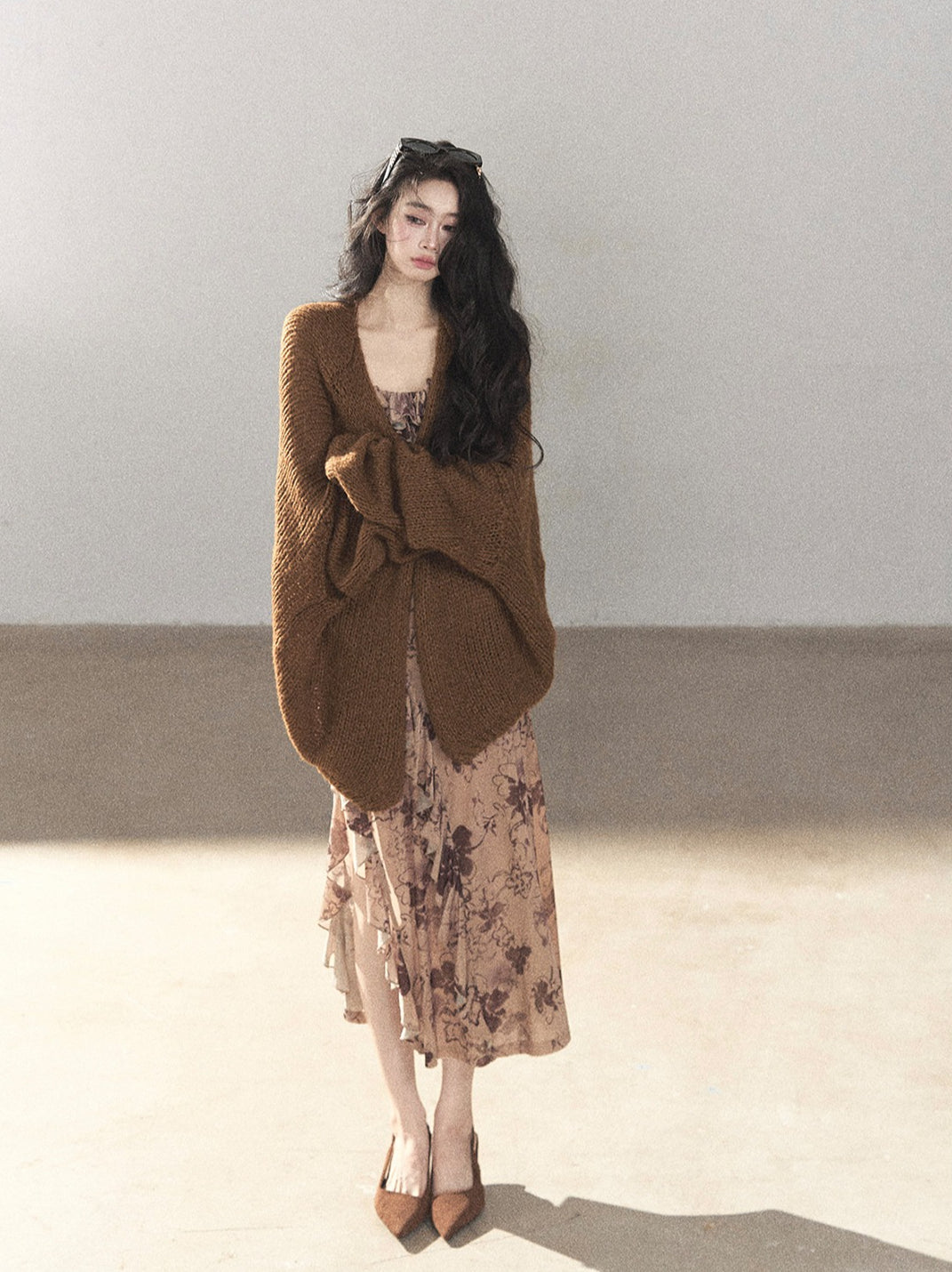 AOMALM - "Wildflower Date" Milk Tea Brown Ruffle Floral Maxi Dress (With Matching Hair Tie)