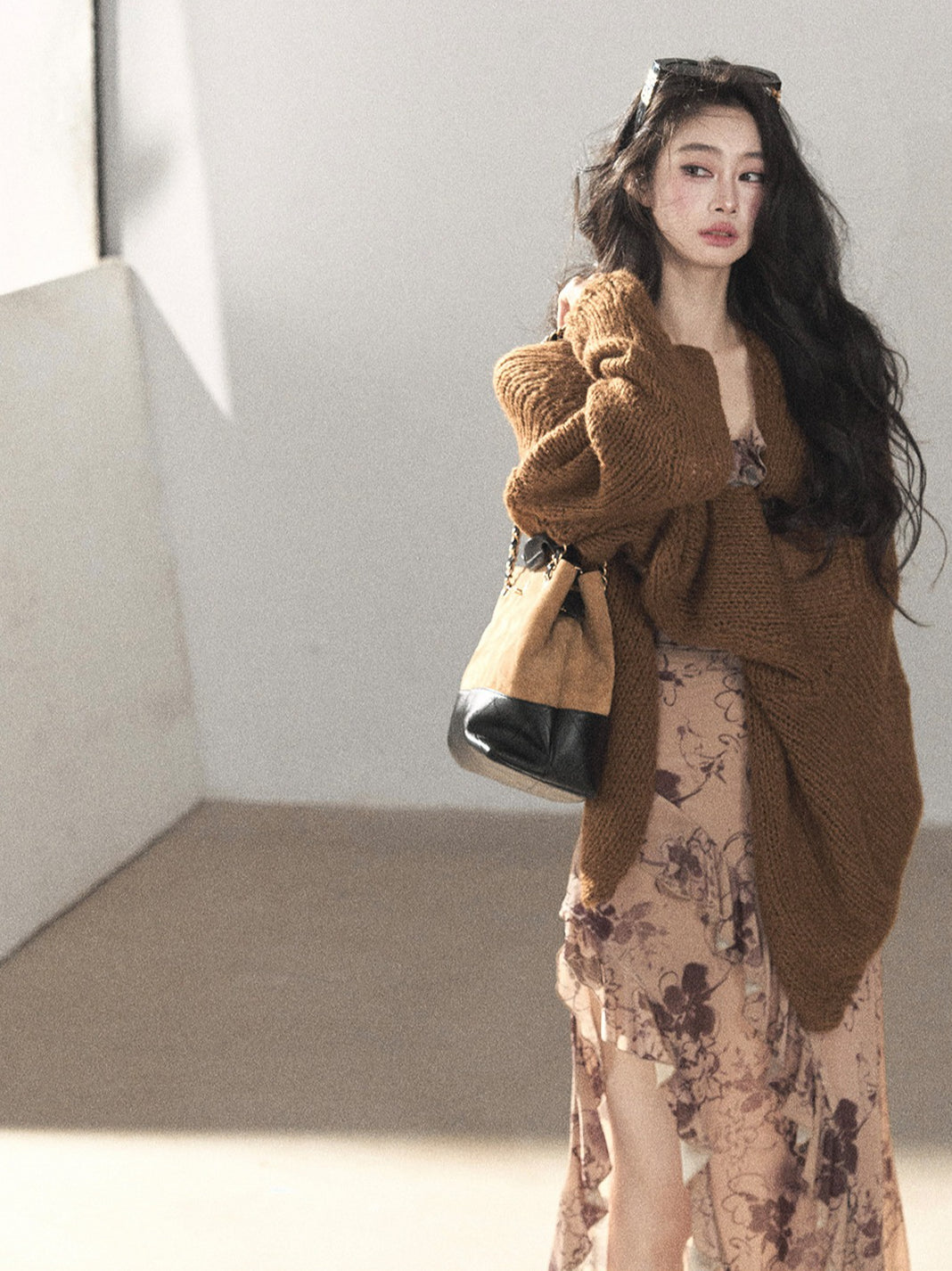 AOMALM - "Wildflower Date" Milk Tea Brown Ruffle Floral Maxi Dress (With Matching Hair Tie)