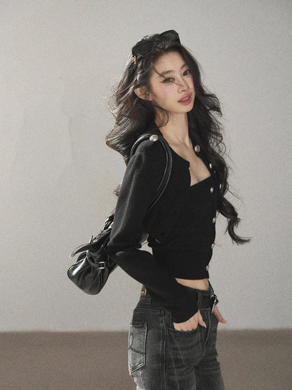 AOMALM - "You in the Night Sky" Black Cropped Knit Cardigan & Bandeau Set