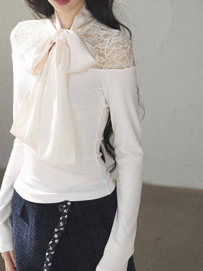 AOMALM - "Cloud Trails" Dutch Cream Lace Bow Knit Top
