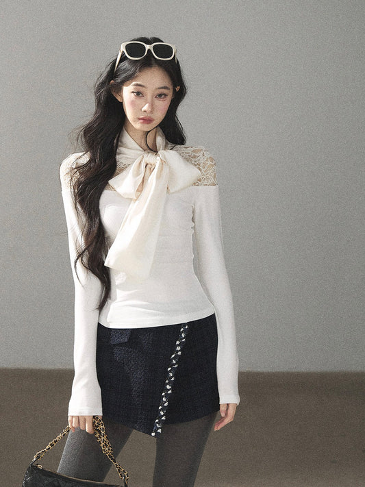AOMALM - "Cloud Trails" Dutch Cream Lace Bow Knit Top