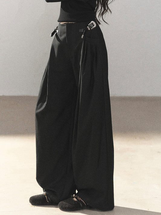 AOMALM - "Midnight Glow" Black Striped Satin Wide-Leg Pants
