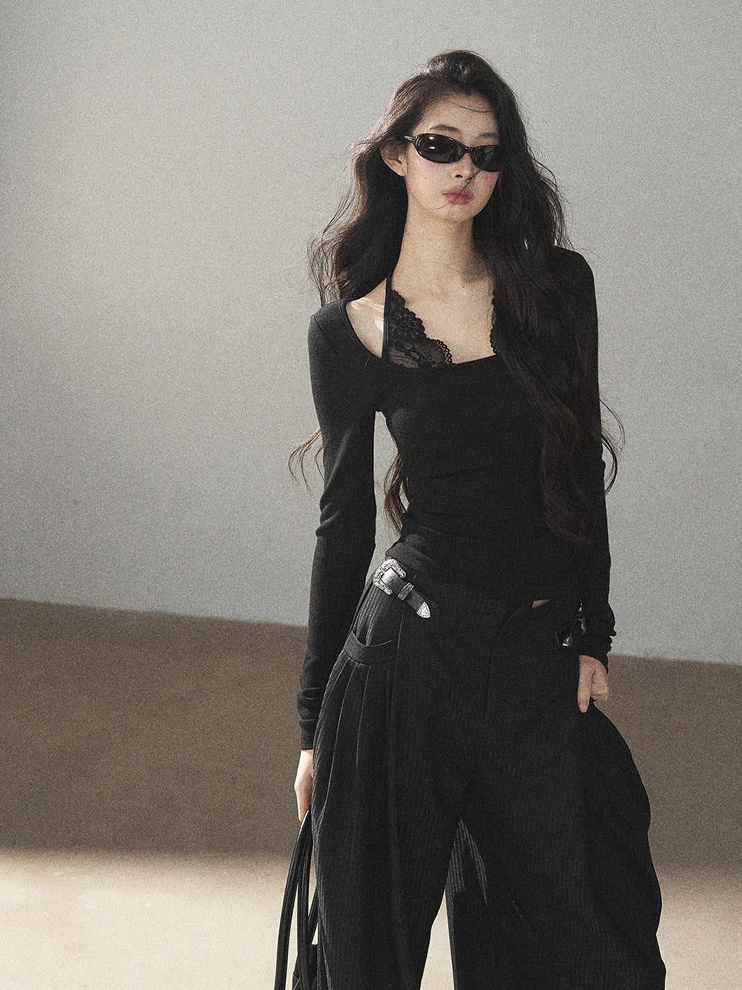 AOMALM - "Midnight Glow" Black Striped Satin Wide-Leg Pants