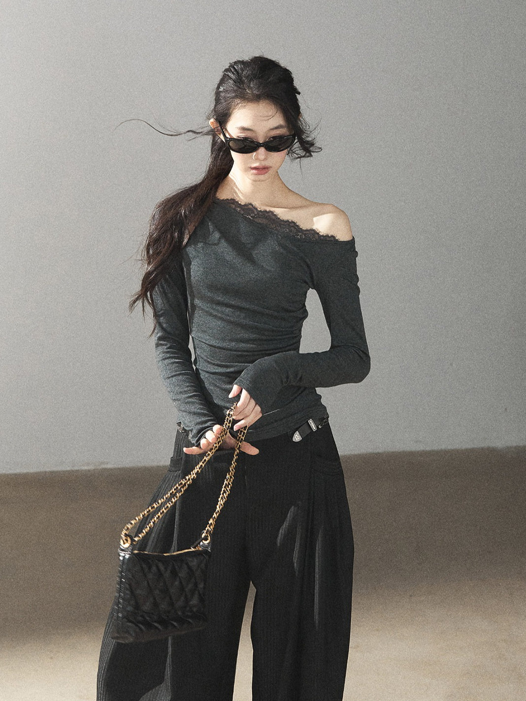 AOMALM - "Midnight Glow" Black Striped Satin Wide-Leg Pants