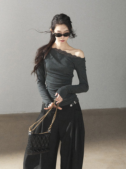 AOMALM - "Midnight Glow" Black Striped Satin Wide-Leg Pants