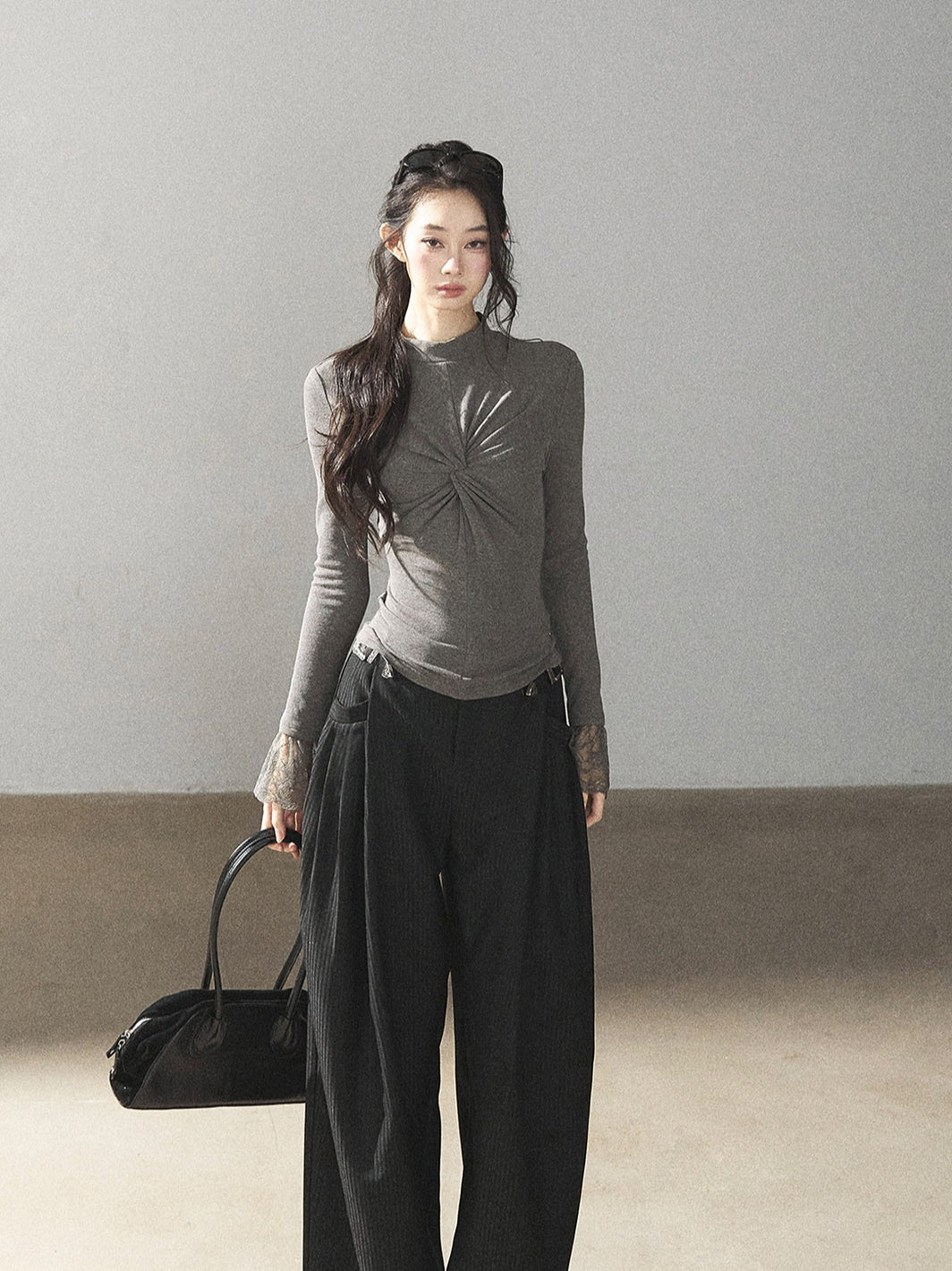 AOMALM - "Midnight Glow" Black Striped Satin Wide-Leg Pants