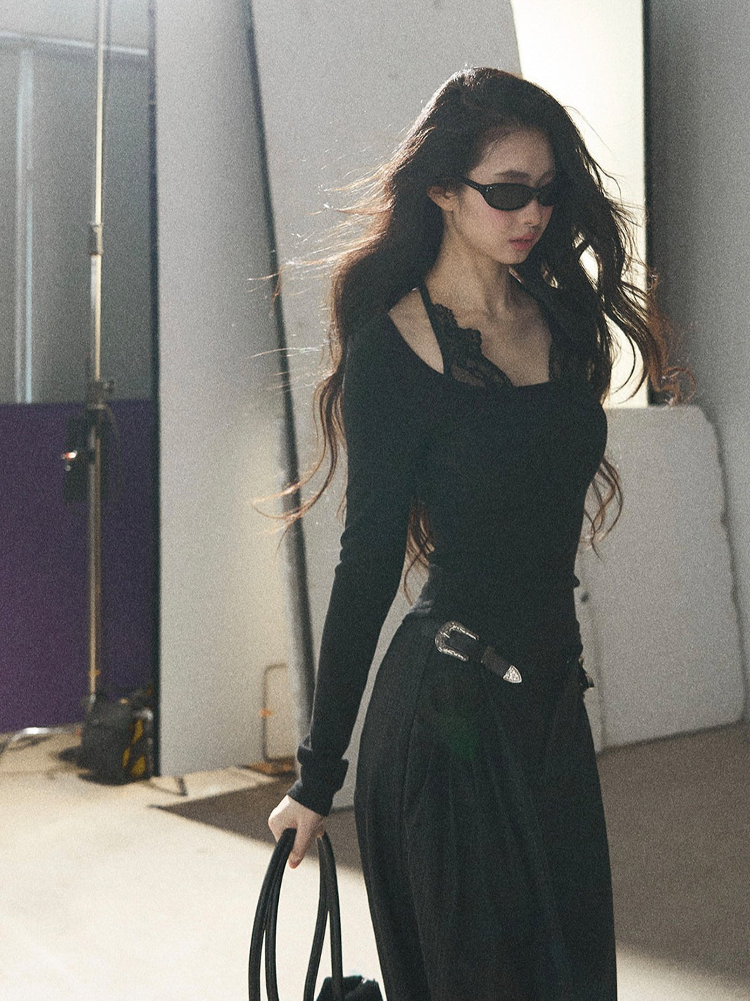 AOMALM - "Midnight Glow" Black Striped Satin Wide-Leg Pants