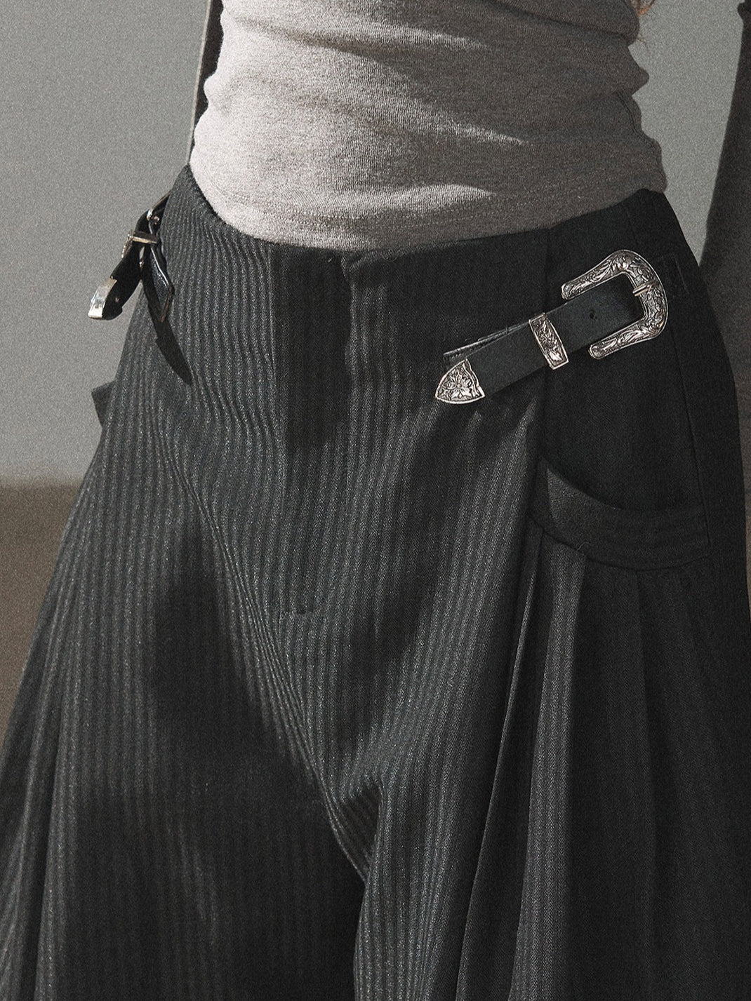 AOMALM - "Midnight Glow" Black Striped Satin Wide-Leg Pants