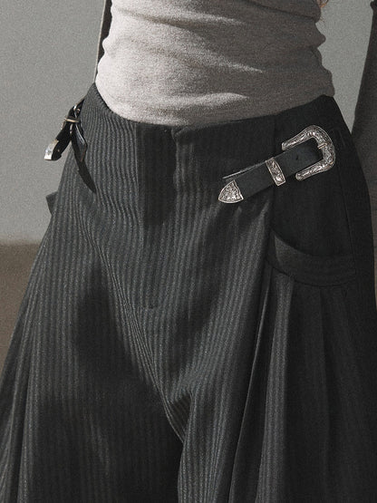 AOMALM - "Midnight Glow" Black Striped Satin Wide-Leg Pants