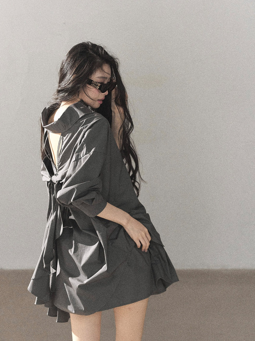 AOMALM - Thin Dusk Gray Bow-Back Shirt & Bubble Mini Skirt Set