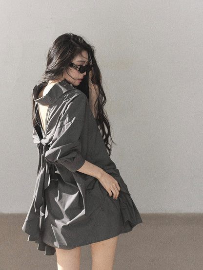 AOMALM - Thin Dusk Gray Bow-Back Shirt & Bubble Mini Skirt Set