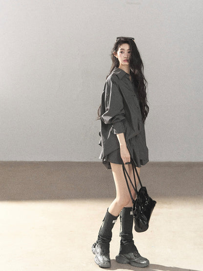 AOMALM - Thin Dusk Gray Bow-Back Shirt & Bubble Mini Skirt Set