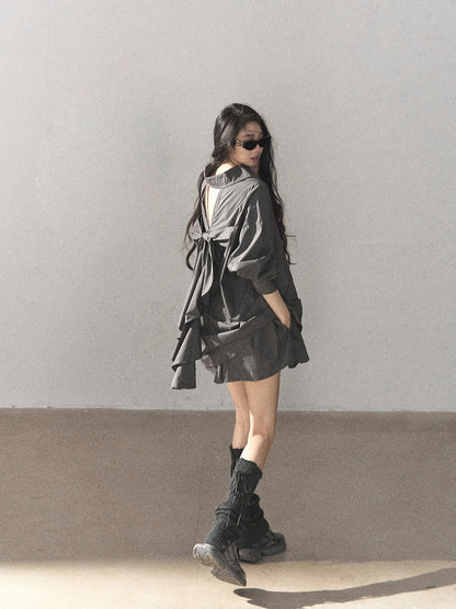 AOMALM - Thin Dusk Gray Bow-Back Shirt & Bubble Mini Skirt Set