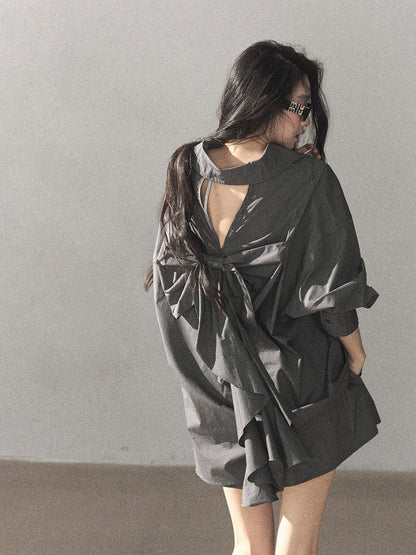 AOMALM - Thin Dusk Gray Bow-Back Shirt & Bubble Mini Skirt Set