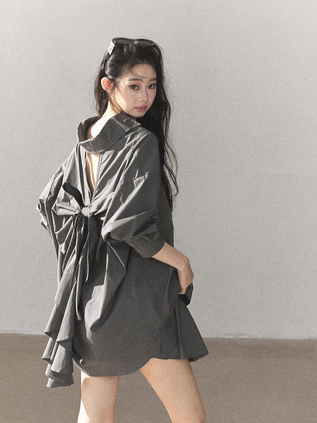 AOMALM - Thin Dusk Gray Bow-Back Shirt & Bubble Mini Skirt Set