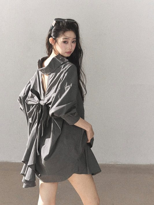 AOMALM - Thin Dusk Gray Bow-Back Shirt & Bubble Mini Skirt Set