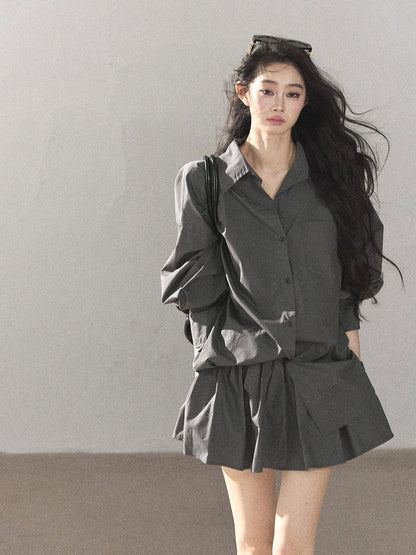 AOMALM - Thin Dusk Gray Bow-Back Shirt & Bubble Mini Skirt Set