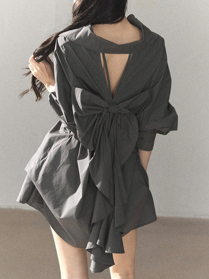 AOMALM - Thin Dusk Gray Bow-Back Shirt & Bubble Mini Skirt Set