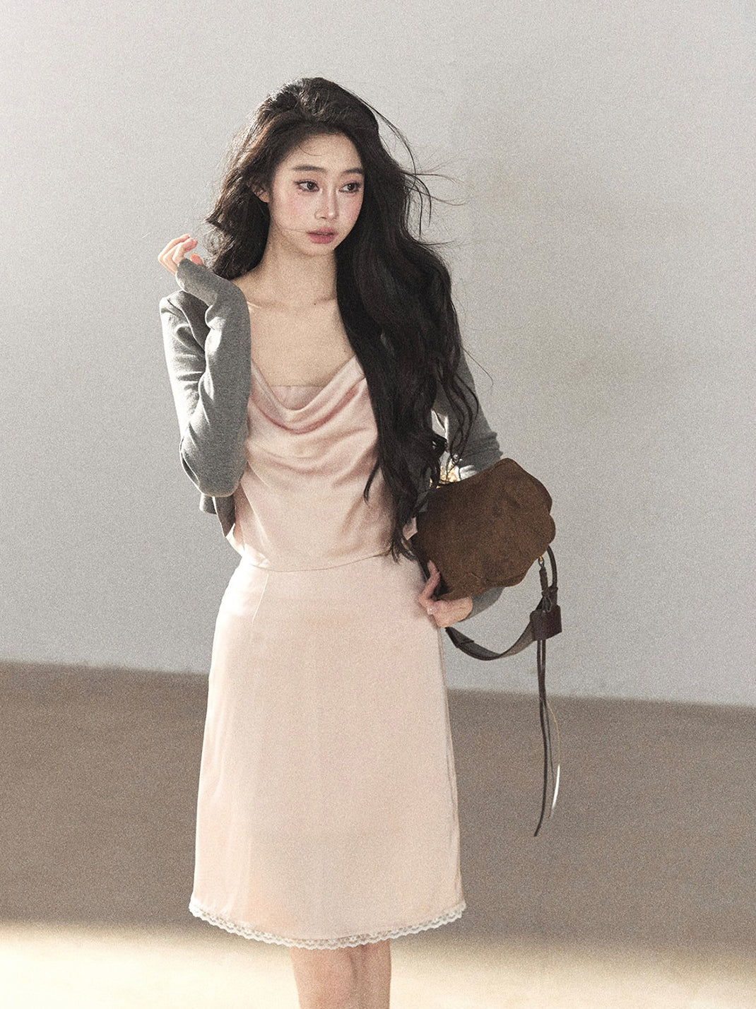 AOMALM - Glacier Pink Satin Cami & Skirt Set with Paris Gray Knit Cardigan