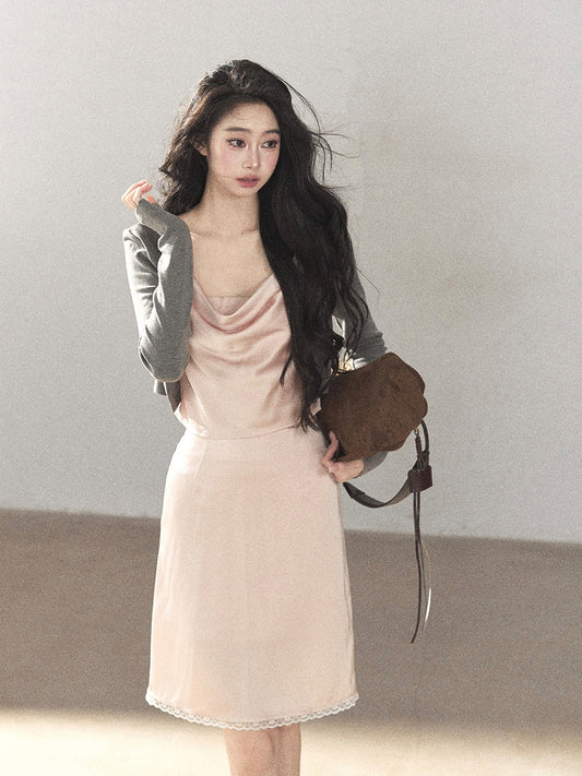 AOMALM - Glacier Pink Satin Cami & Skirt Set with Paris Gray Knit Cardigan
