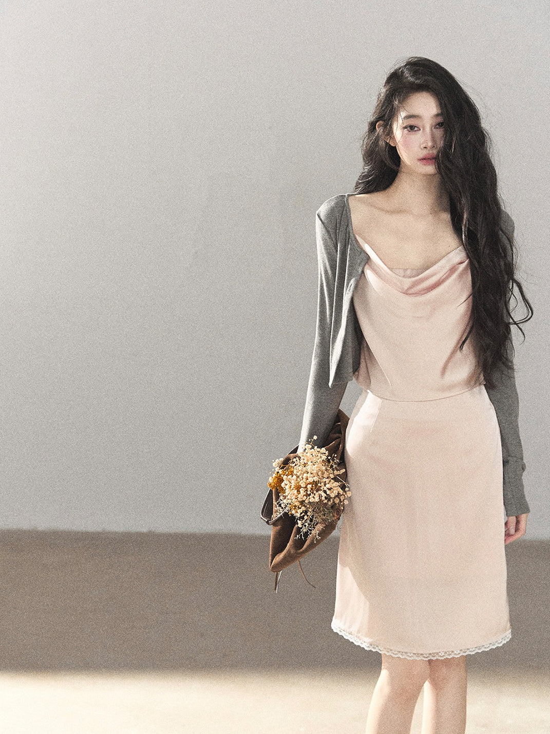 AOMALM - Glacier Pink Satin Cami & Skirt Set with Paris Gray Knit Cardigan