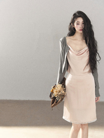 AOMALM - Glacier Pink Satin Cami & Skirt Set with Paris Gray Knit Cardigan