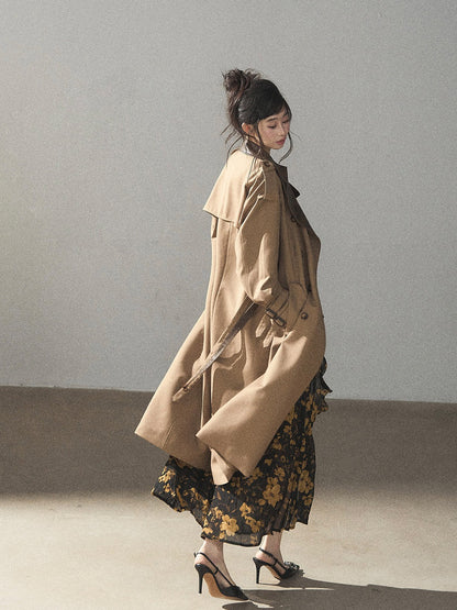 AOMALM - Black & Golden Brown Floral Ruffle Maxi Dress with High Side Slit