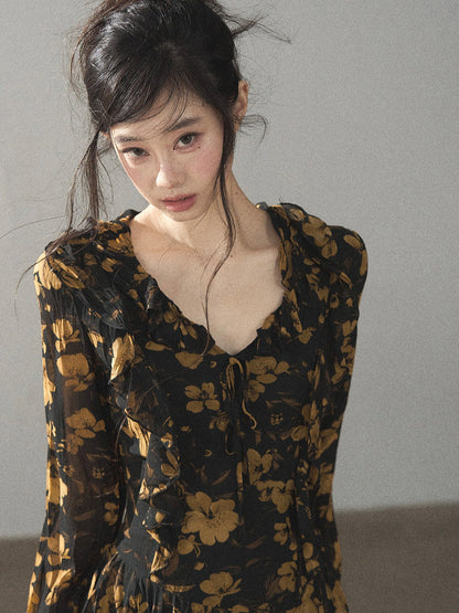 AOMALM - Black & Golden Brown Floral Ruffle Maxi Dress with High Side Slit